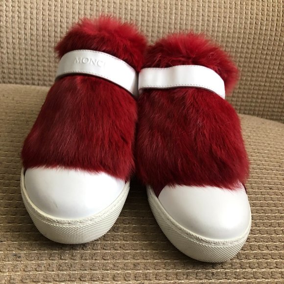 MONCLER Women's White/ Burgundy Rabbit Fur Low Top